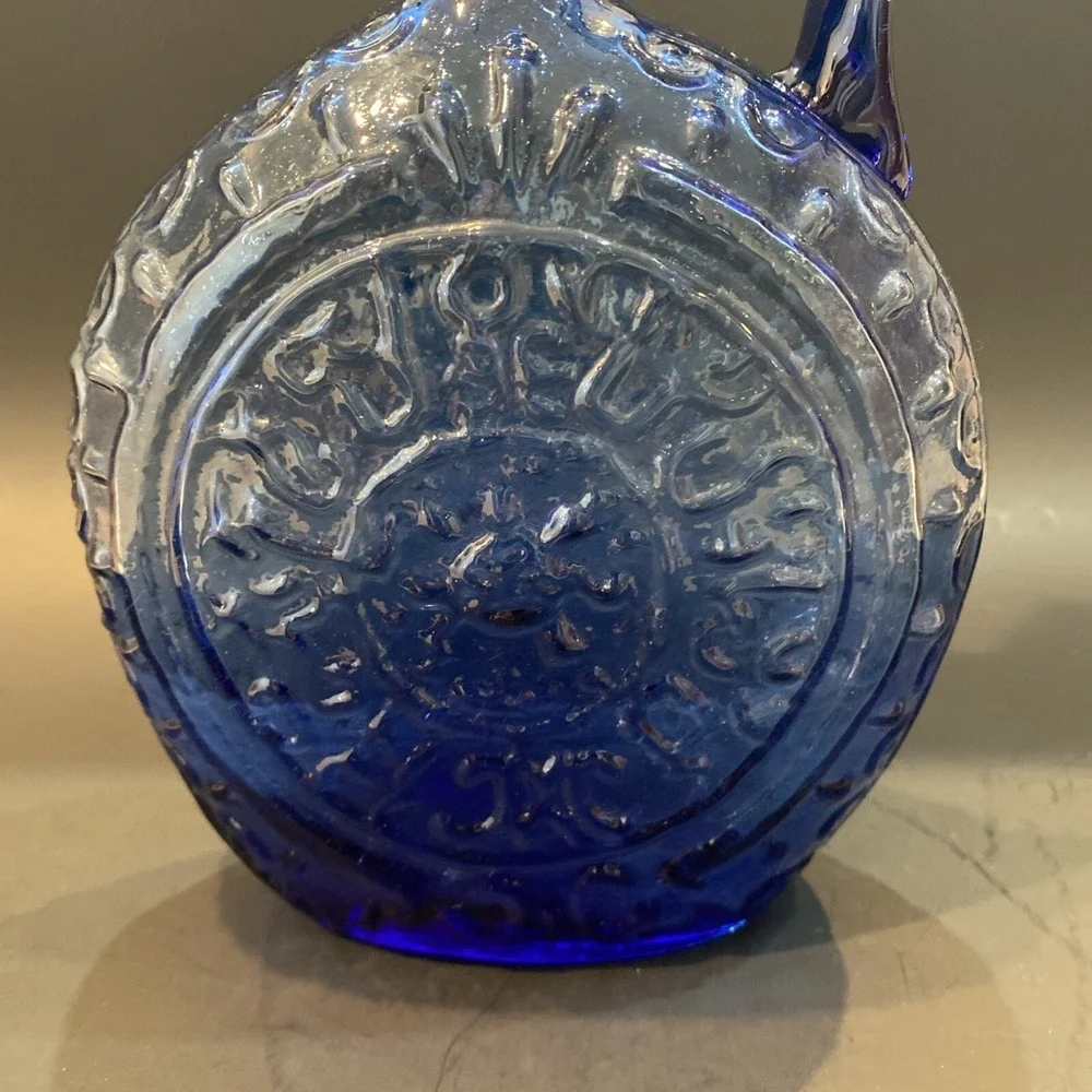Vintage Hand Blown Cobalt Blue Raised Design Pitcher Vase Handled Jug 9.5